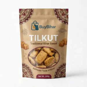 This image shows BuyBihar Tilkut packed in a 200g zipper pouch. Tilkut is a traditional sweet from Bihar made with sesame seeds and jaggery. The packaging is designed to keep the product fresh while highlighting the authentic taste of Bihar.